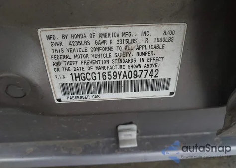 2000 Honda Accord 3.0 Ex из США, поврежденный, VIN 1HGCG1659YA097742